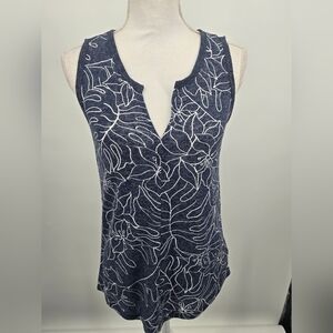GAP Navy & White Floral Linen Notch-Neck Tank XS